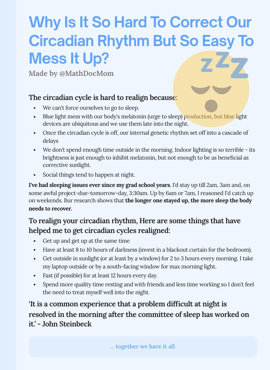 🚢257 #ship30for30 <a href="/dickiebush/">Dickie Bush 🚢</a> <a href="/Nicolascole77/">Nicolas Cole 🚢👻</a> 

The real wake-up call was 5 yrs ago when my son fell asleep at his wheels while driving.

He rear-ended a car in front of him. Miracle of miracles, no one got hurt. 

Like mum like son, he followed my circadian "management style" 👇