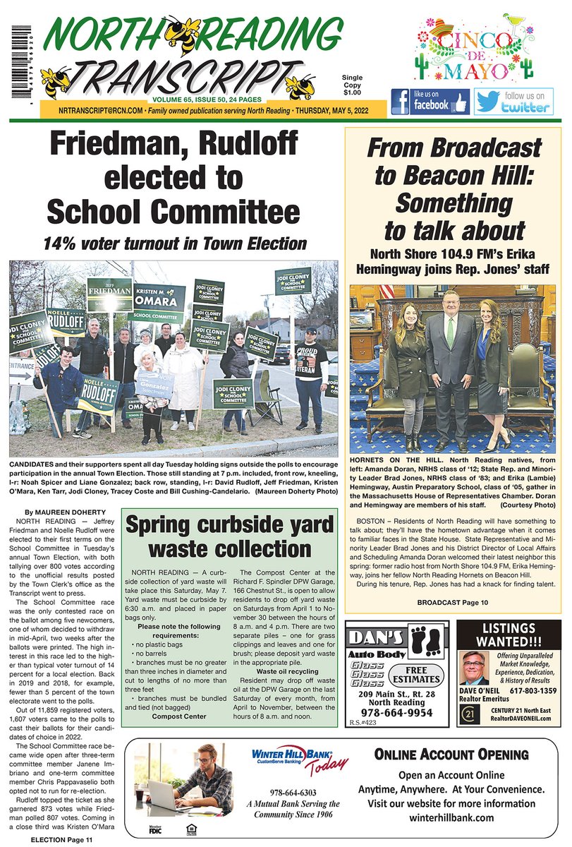 nrtranscript's tweet photo. Front Page published May 5, 2022 https://t.co/9ZZnfeMznZ #nrtranscript #NorthReadingMA https://t.co/w4t7qAXW2F