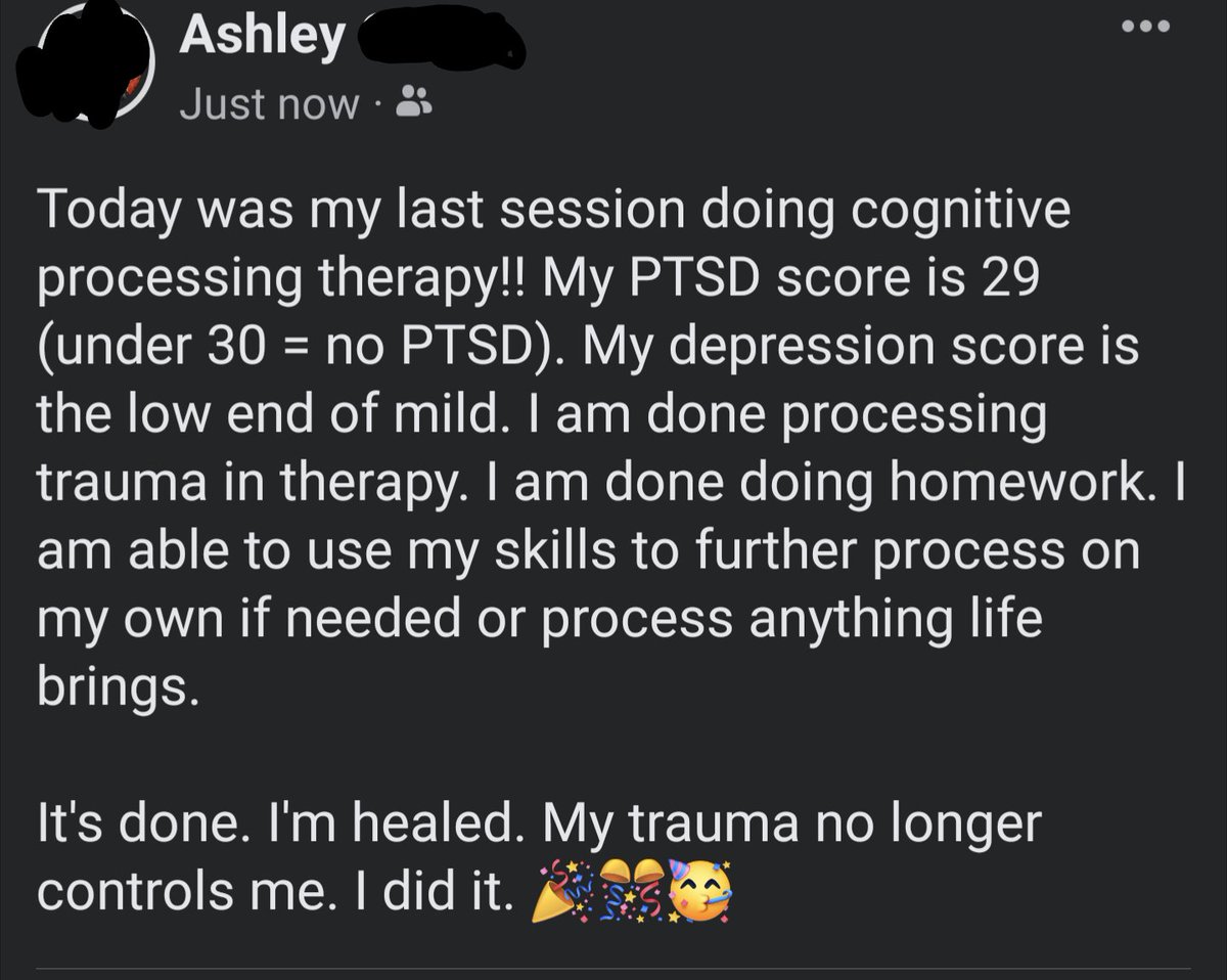 aftertraumapub's tweet photo. I finished cognitive processing therapy today!! (SS of my Facebook cuz I'm lazy)
I did it and I'm done!!!
#dissociatwt #ptsd #CPTSD #Therapy #mentalhealth #cognitiveprocessingtherapy #cpt https://t.co/in5CFl2Z2V