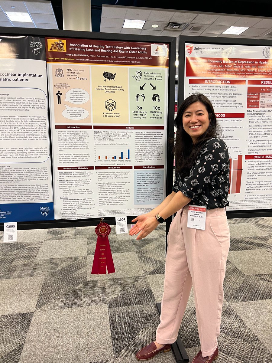ent_umn's tweet photo. Congratulations 🎉 to our Neurotology & Skull Base Surgery Fellow Janet Choi, MD, MPH, for winning 2nd place for her research poster at #2022COSM last weekend in #Dallas! https://t.co/xDRnM2pALe
