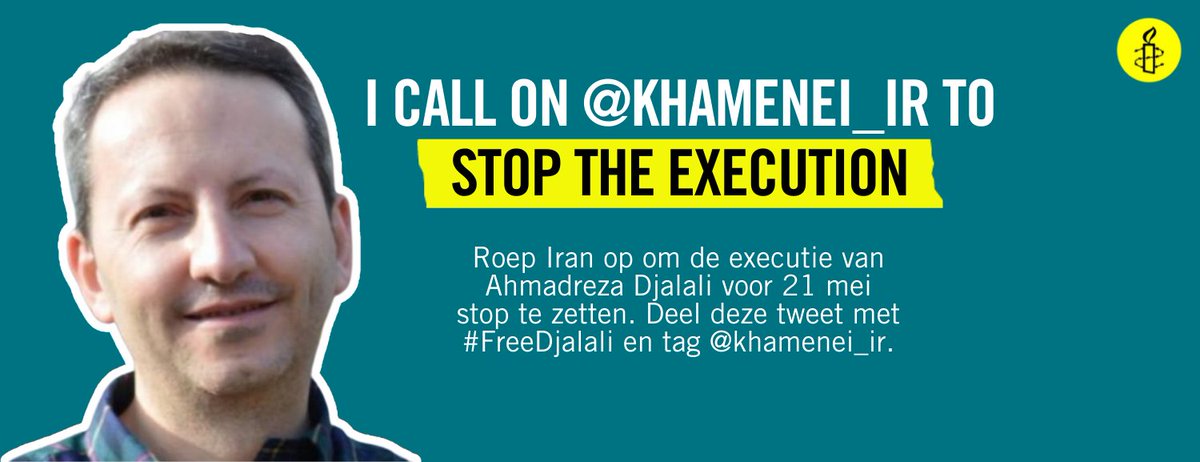 🚨 Ahmadreza Djalali dreigt uiterlijk 21 mei geëxecuteerd te worden. Tot nog toe zijn we er samen steeds in geslaagd zijn executie af te wenden. Het is letterlijk van levensbelang dat we ook nu wereldwijd de druk op #Iran opvoeren. 
Retweet aub &amp; tag <a href="/khamenei_ir/">Khamenei.ir</a> 
#FreeDjalali