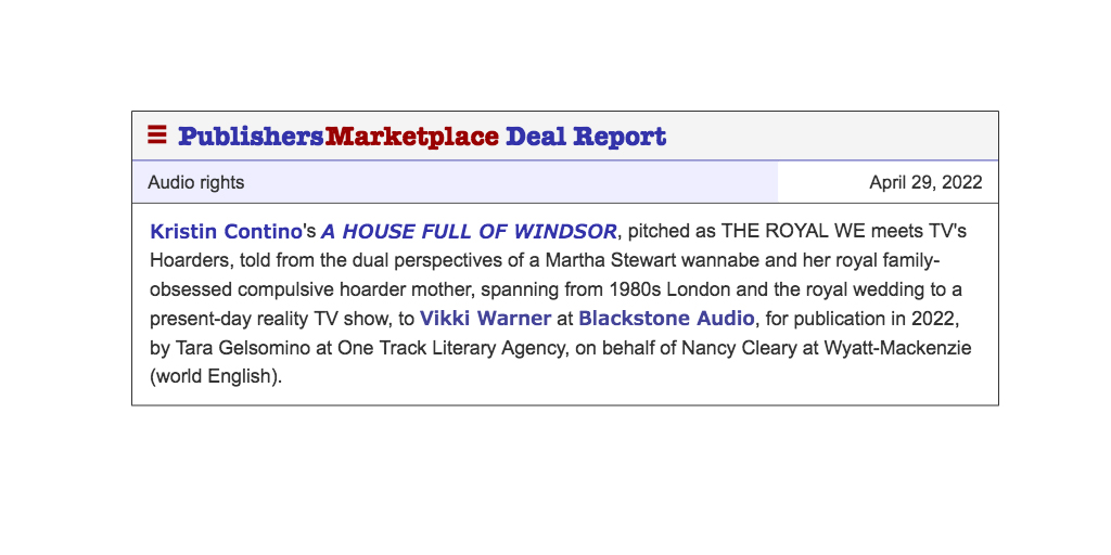 Congrats to @RoyalKristinC ~ A HOUSE FULL OF WINDSOR soon to be an audiobook from @BlackstoneAudio! Thanks @Taragel! Hoarders + Royals, it's so good.
