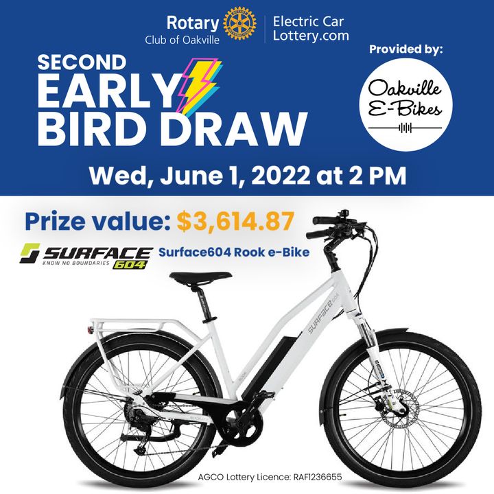 Our 2nd Early Bird Draw is June 1st. Win a Surface604 Rook e-Bike, provided by Oakville E-Bikes.

Don't let this opportunity ride away! Get your tickets today!
ElectricCarLottery.com

AGCO LIC # RAF1236655

#ElectricCarLottery #ModelY #SUV #WinACar #OakvilleRotary #Rotary