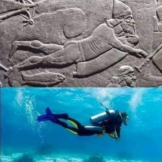 historydefined's tweet photo. A 3,000-year-old Assyrian relief of a soldier diving under a river using an inflatable goatskin bag. https://t.co/W2LfM5LAbO