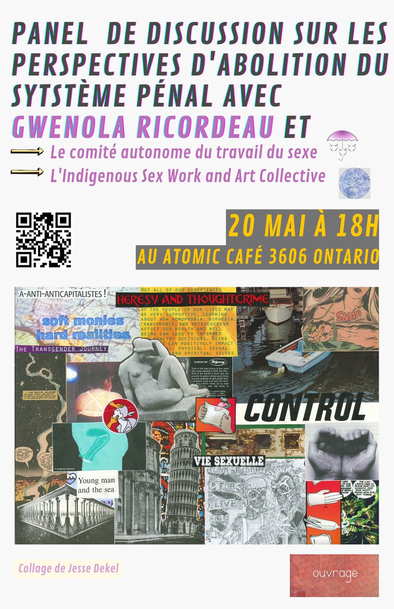 CatsMtl's tweet photo. ⚡️Le CATS participera à ce panel ⚡️
👉Perspectives d'abolition du système pénal 👈
avec @G_Ricordeau , @revueouvrage et l'Indigenous Sex Work and Art Collective!
Rendez-vous le 20 mai à 18h00 au Café Atomic! https://t.co/mohVfZMUv0