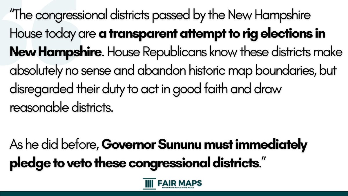 fair_nh's tweet photo. Today, @NHHouseGOP voted to advance new congressional districts that remain unfair and unrepresentative of the will of New Hampshire voters.

@GovChrisSununu must immediately pledge to veto these congressional districts, as he has before.
#NHPolitics https://t.co/we9c1E1jaJ