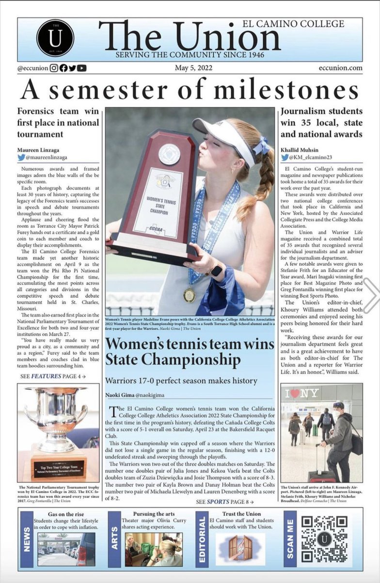 ECCUnion's tweet photo. The Union is back.

Our first print paper is out and distributed @elcaminocollege.

Pick up an issue and help us celebrate our triumphant return. 

#eccunion @eccwarriors #journalism #JournalismIsNotACrime https://t.co/vFYtkPqaM1