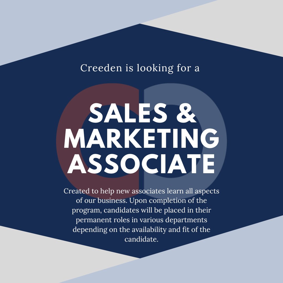 CreedenSales's tweet photo. Creeden is looking for a full-time Sales &amp; Marketing Associate to join our Professional Development Program this June!

If you or someone you know might now is interested, please apply at the link below!

https://t.co/GxJO2asybe

#wearehiring #creeden #forceforsales https://t.co/2gh6hX0NIn