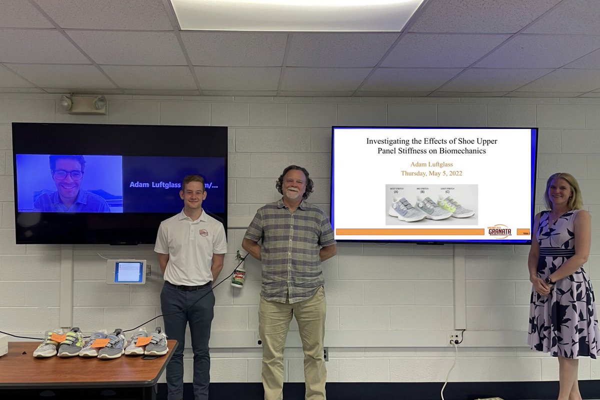 GranataLab's tweet photo. Congrats to M.S. student @adluft for his successful thesis defense “Investigating the Effects of Shoe Upper Panel Stiffness on Biomechanics”. A special thanks to committee members @rmqueen_VT @Dfeeney31 and Dr. T. Staley for their support in this process. #biomechanics @BEAMvt https://t.co/caVsOLIS5x