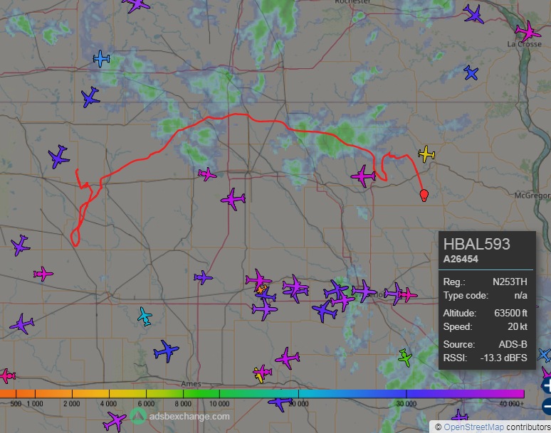 stratoballoon's tweet photo. A @RavenAerostar stratospheric balloon now over Iowa on it's second day aloft.
#HBAL593 was launched from Raven's Innovation Campus near Baltic (SD) at 20:11 utc on May 3rd. 2022.
Live tracking via @ADSBexchange
at: https://t.co/P4pkQhm5DF https://t.co/MhTHGDl0z3
