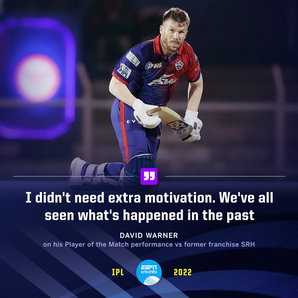 cricinfo's tweet photo. David Warner led Delhi's charge against his former franchise, and you knew it just meant a little bit more 

#DCvSRH | #IPL2022 

👉 https://t.co/Vidcs0GDel https://t.co/MUuh9eU3ne