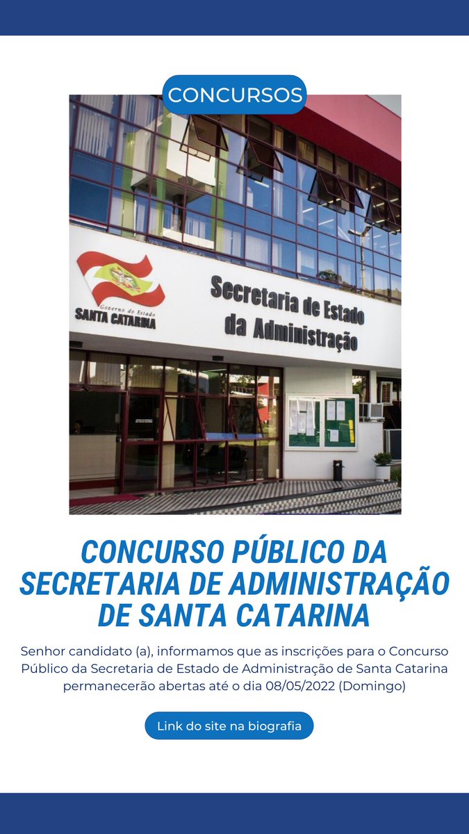 IBADEconcursos's tweet photo. Senhor candidato (a), informamos que as inscrições para o Concurso Público da Secretaria de Estado de Administração de Santa Catarina permanecerão abertas até o dia 08/05/2022.
.
#concurso #concurseiro #concurseiros #SantaCatarina #administracao https://t.co/5rx1Pqjcxb