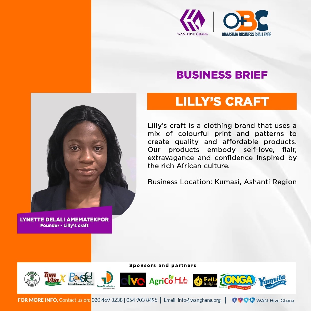 WAN_HiveGH's tweet photo. Meet LYNETTE DELALI AMEMATEKPOR , a participant of the Obaasima Business Challenge 2022.

#WANHiveimpacts #OBC2022 #womeninbusiness #entrepreneurship https://t.co/EQjjCgko4i