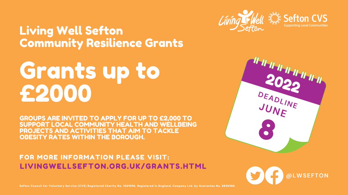 Funding | <a href="/LWSefton/">Living Well Sefton</a> have launched Round 9 of their #CommunityResilience grant fund. 

Community groups in #Sefton can apply for up to £2000 for projects themed around Obesity. 

For more information and to apply visit: Bit.ly/LWSGrants 

#MySefton #SeftonFunding