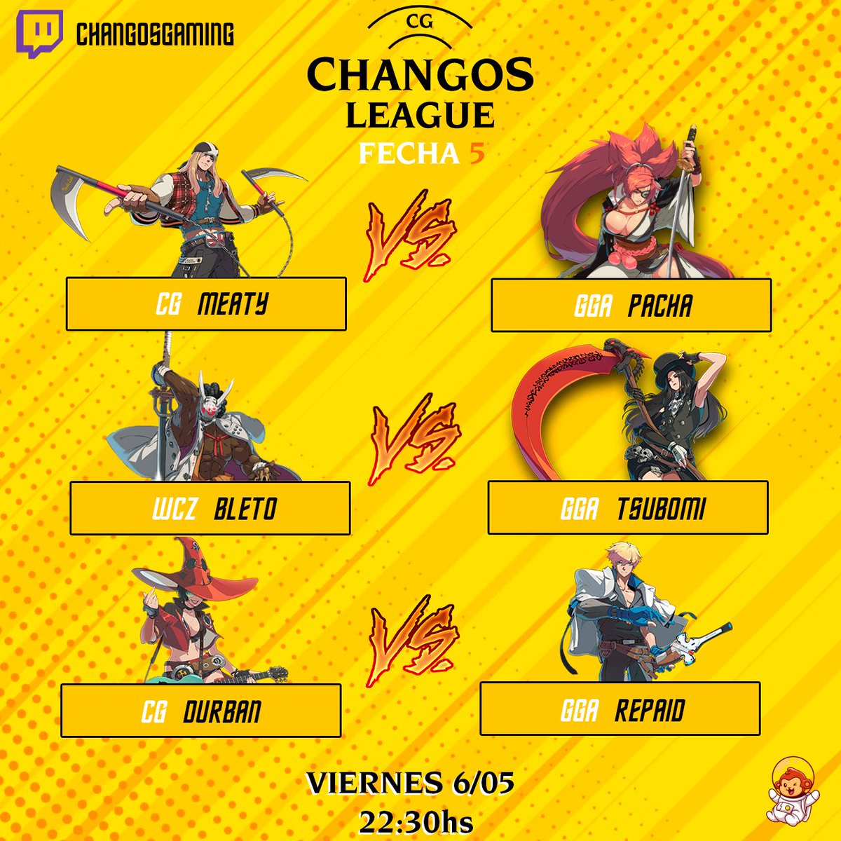 Mañana 22:30hs GMT -3 tenemos la quinta fecha de la #ChangosLeague 🏆! Se vienen tremendos matches, con:
@Just_Sin123 vs <a href="/PACHA_47/">GGA | Pacha</a> 
<a href="/Bleto_/">bleto.d</a> vs @tsubomi_kyo 
<a href="/Dur_ban99/">CG | Durban 🐒</a> vs <a href="/Repaid_/">Repaid</a> 

No se lo pierdan por el canal de Changos Gaming: twitch.tv/changosgaming

#SePika 💛🤍🖤