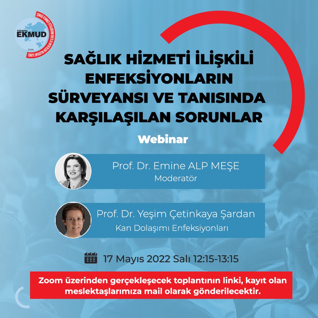 EKMUD_TR's tweet photo. Türkiye EKMUD olarak düzenlediğimiz “Sağlık Hizmeti İlişkili Enfeksiyonların Sürveyansı ve Tanısında Karşılaşılan Sorunlar” konulu toplantımız 17 Mayıs Salı günü saat 12:15-13:15 arasında gerçekleştirilecektir.
#EnfeksiyonHastalıkları #EKMUD #EKMUD2022 https://t.co/cxvOwvP90V