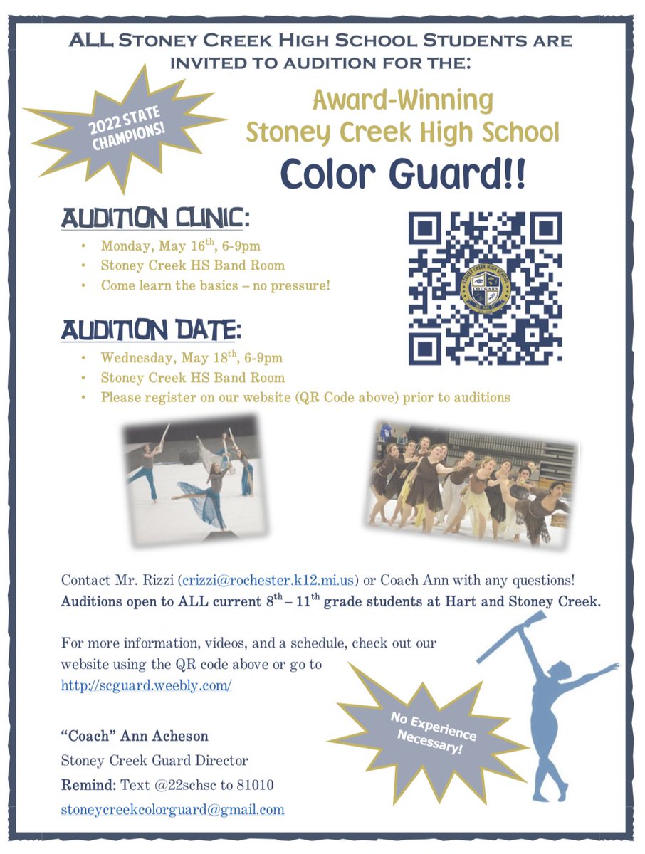 All 8th-11th grade students at Hart and Stoney Creek are invited to give color guard a try! Monday, May 16th in the Stoney Creek band room from 6-9pm! More info in the picture! Bring a friend! Looking forward to seeing some new faces!