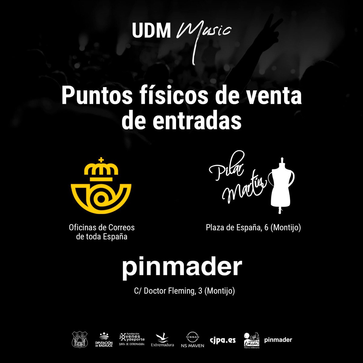 udmmusicfest's tweet photo. 🎵 [#𝗨𝗗𝗠𝗠𝘂𝘀𝗶𝗰] 🎵
📍 Puntos de venta físicos: 𝗨́𝗟𝗧𝗜𝗠𝗔𝗦 𝗘𝗡𝗧𝗥𝗔𝗗𝗔𝗦 🚨.

>Anticipada 22€
>Taquilla 28€

🎟️ Venta física: 
➡️ Oficinas @Correos de toda España.
➡️ #Pinmader
➡️ #PilarMartínShop
 
#PiensaEnGrande | #Desde1922 https://t.co/YVM5EfiePa