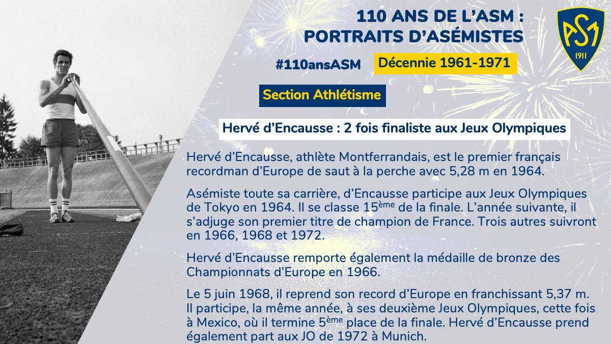 Asm_Omnisports's tweet photo. 💛💙#110ansASM à l’occasion des 110 ans du club nous vous donnons rendez-vous tous les jeudis pour découvrir des portraits d’asémistes par décennie. Premier portrait pour la décennie 1961-1971 : Hervé d’Encausse, 2 fois finaliste aux Jeux Olympiques https://t.co/wIdTiKjFYZ