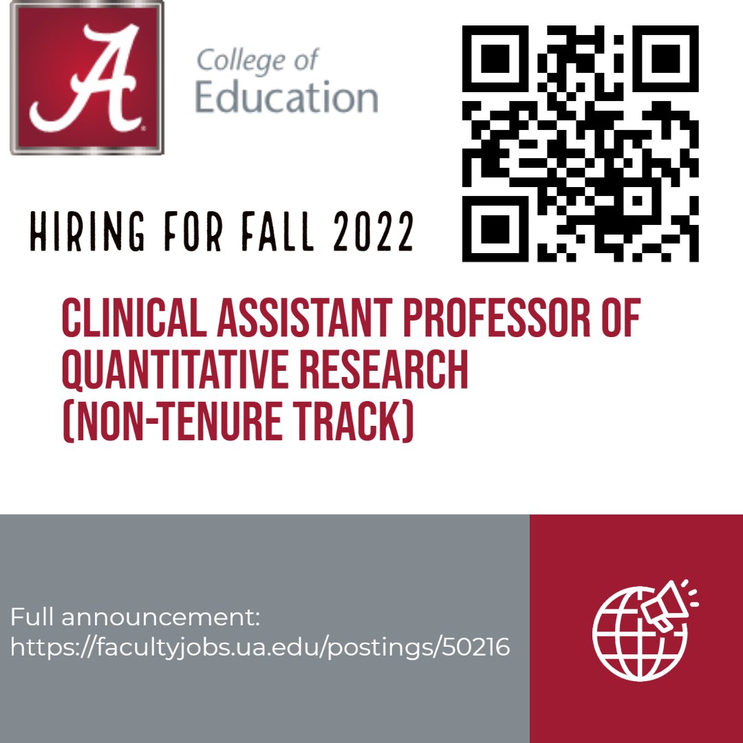 We are hiring for fall 2022! See our listing for a Clinical Assistant Professor of Quantitative Research (Non-Tenure Track) to join our collaborative and supportive program. facultyjobs.ua.edu/postings/50216  <a href="/UAESPRMC/">UA Educational Studies</a> <a href="/uaqual/">uaqual</a> @McLureLibrary