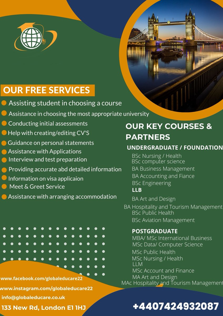 Apply for September Intake 2022

Email:info@globaleducare.co.uk

Web: s896769225.websitehome.co.uk
Our Address:
Global EduCare
UK Office - 133 New Rd, London E1 1HJ
mobile number -  +4407424932087