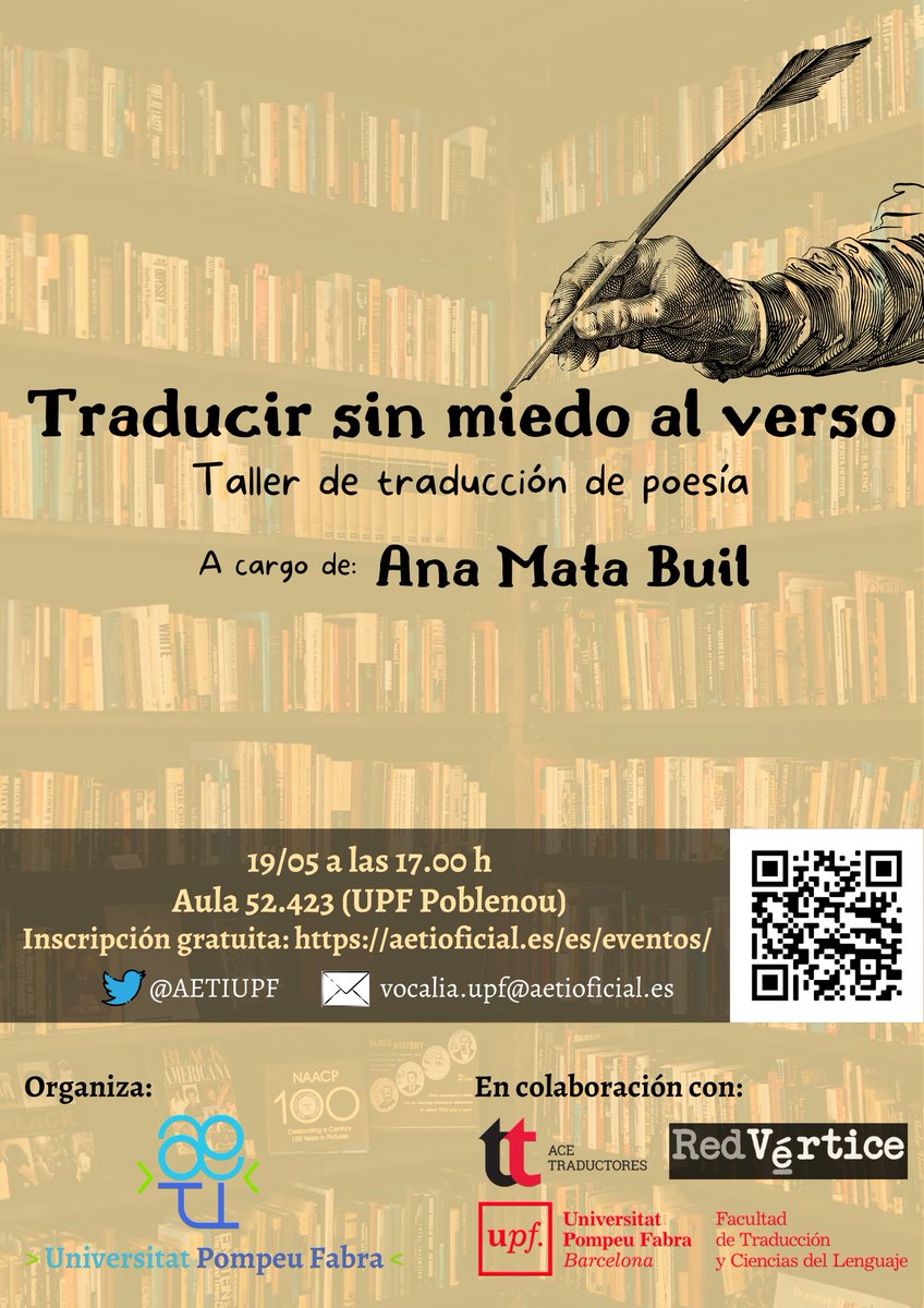 ¡Ha llegado el momento! 

Ana Mata Buil nos trae un increíble taller de traducción de poesía, donde hablará de sus peculiaridades y nos dará consejos para mejorar las traducciones que haremos allí mismo.

🔸19/05 a las 17:00 h
🔹Aula 52.423 UPF Poblenou
🔸EN>ES

Inscripción ⬇️⬇️