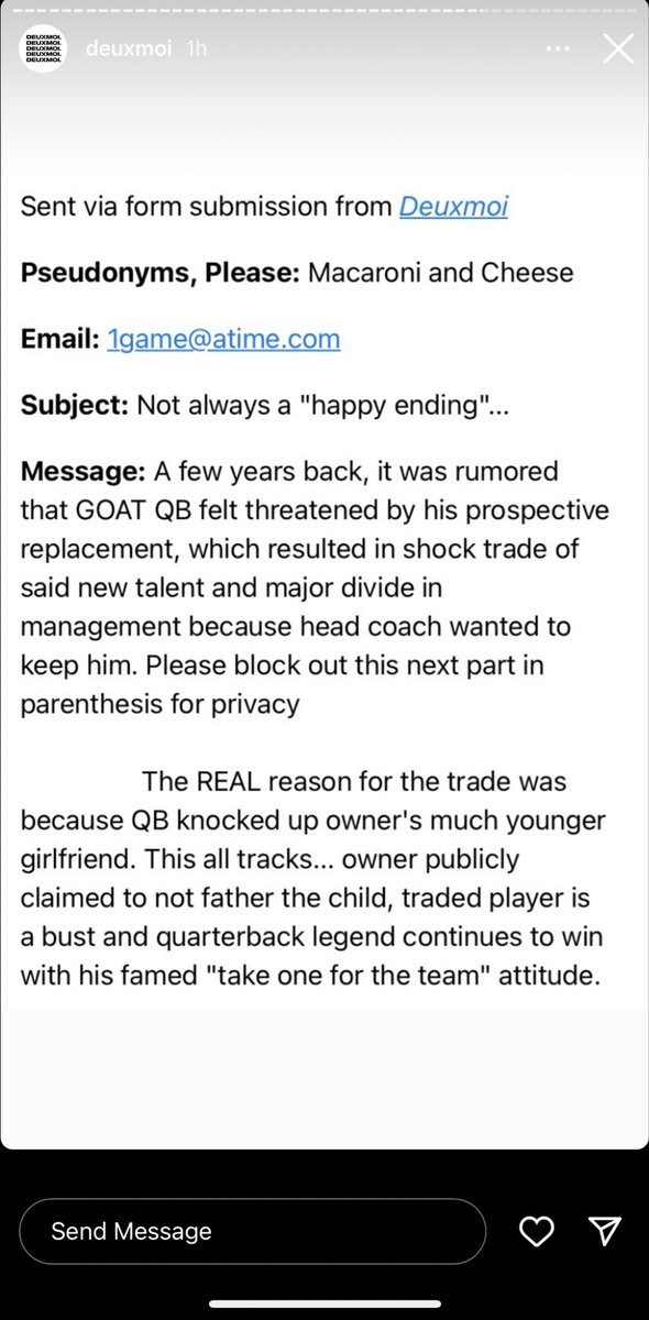 Desperately trying to figure out who would benefit from spreading this rumor and why they would choose <a href="/deuxmoiworld/">deuxmoi</a> as their avenue to spread it

CC: <a href="/jerrythornton/"></a> <a href="/FeitsBarstool/">feitelberg</a>