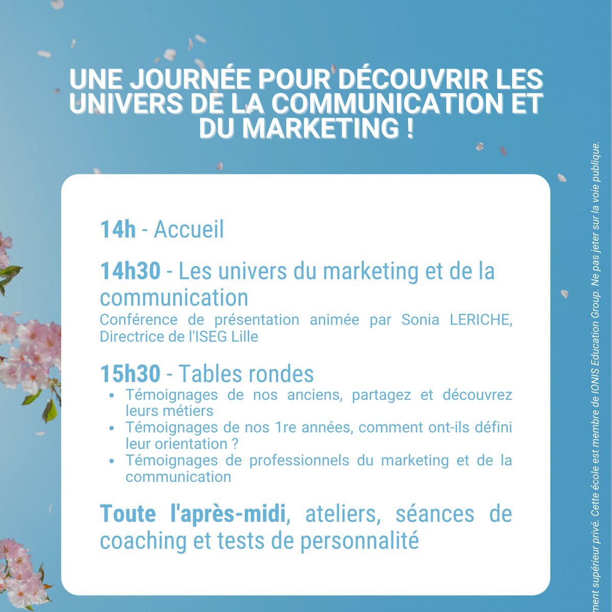 [Printemps de l'orientation]

⏰ Le samedi 7 Mai de 14h à 18h 

L'ISEG Lille invite les élèves de première !😁

Inscris-toi et découvre le marketing et la communication 😋

Inscription ➡️ iseg.fr/inscription-pr…