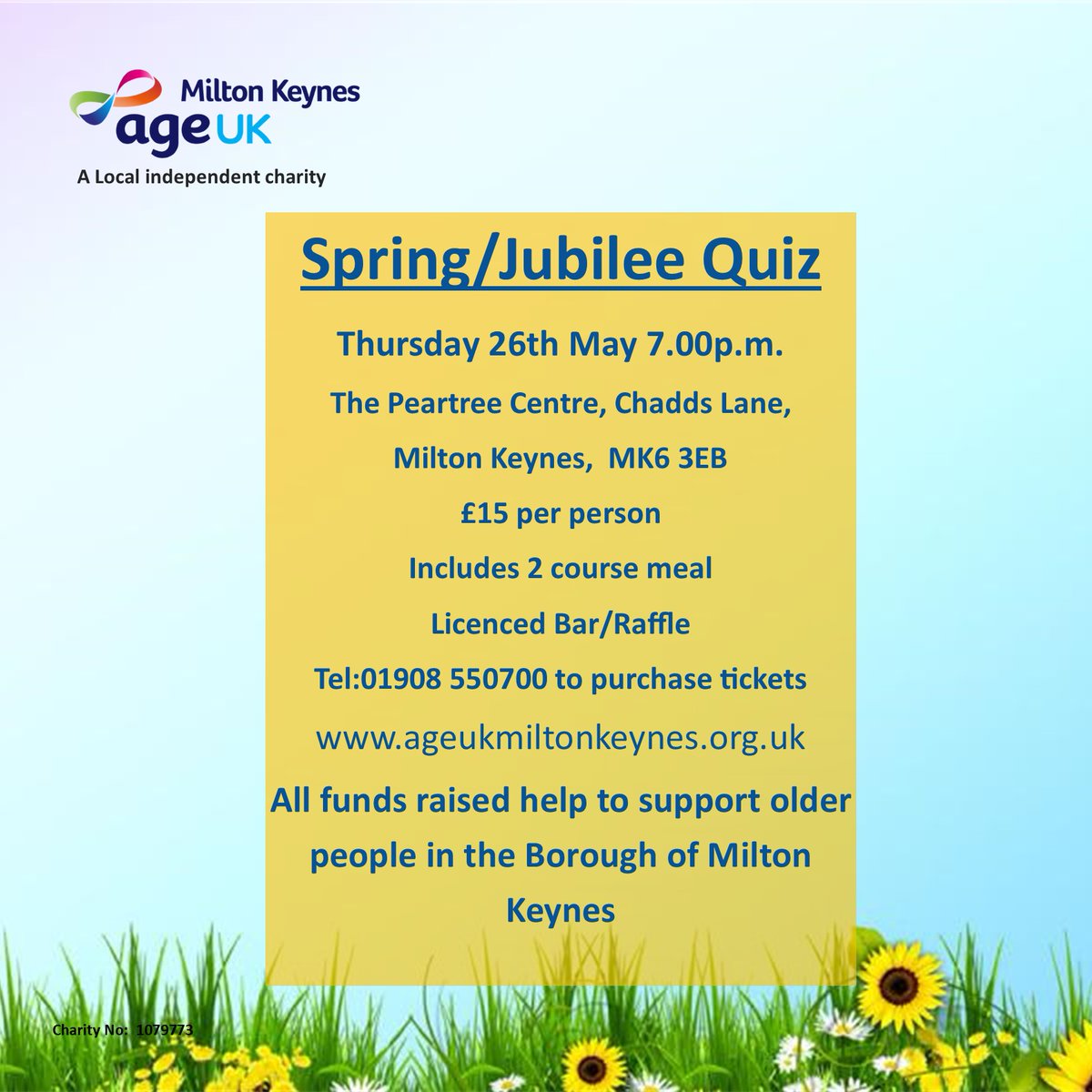 AgeUKMKchatter's tweet photo. Join us for a fun-filled evening at our Spring and Jubilee Quiz taking place on May 26, 2022. To purchase tickets please visit https://t.co/rkh354noI8
#springquiz #queensjubilee #miltonkeynes https://t.co/7FxCO8yb6L