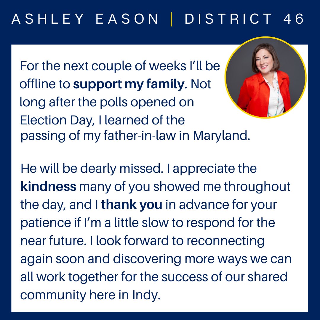 Ashley_B_Eason's tweet photo. Congrats to our #SD46 winner—@AndreaHunley_IN. She ran an impressive race and now deserves our collective support.

Thank you to those who invested in me. I look forward to reconnecting and discovering how we work together for the success of our shared community. https://t.co/UPe2VwLi9L