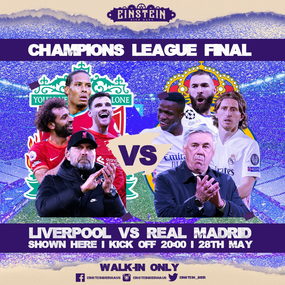𝟚𝟘𝟚𝟚 ℂℍ𝔸𝕄ℙ𝕀𝕆ℕ𝕊 𝕃𝔼𝔸𝔾𝕌𝔼 𝔽𝕀ℕ𝔸𝕃 
Can the reds lift their 7th European Cup? Watch all the action with us as Liverpool look to make history! 

NO BOOKINGS REQUIRED | WALK-IN ONLY