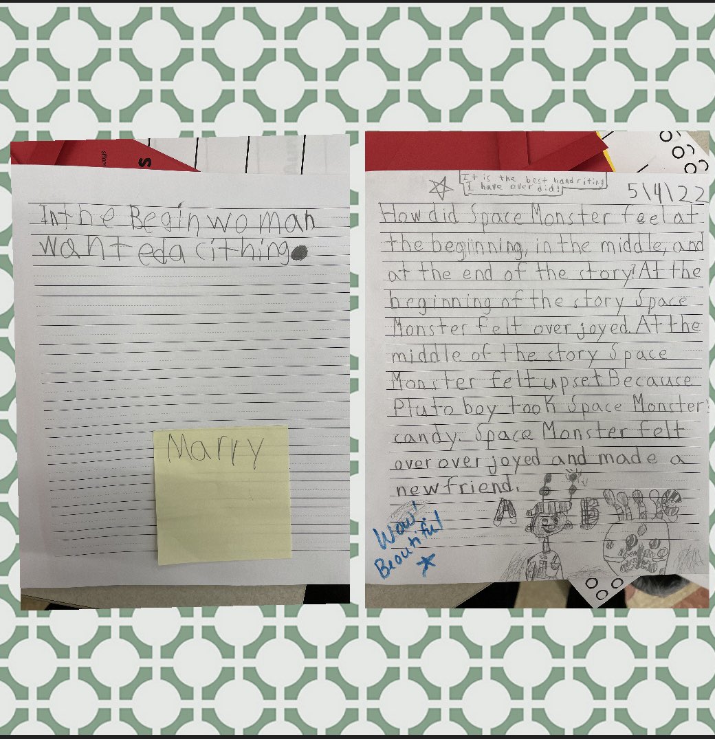 MrsFord2525's tweet photo. How does a character change in the beginning, middle, and end of a story? 

Same question, same student, about 6 months apart! 
 
Amazing growth 🙌🏻⭐️🤩 https://t.co/0rBfFWsAeh