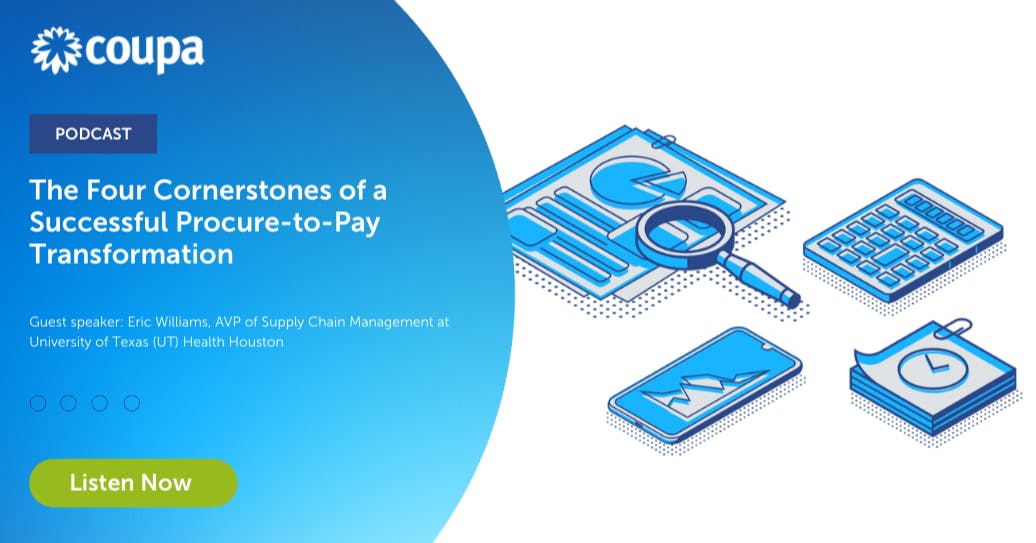 RobOGlenn's tweet photo. In this podcast, Eric Williams, AVP of #SupplyChain Management at @UTHealthHouston, shares the four cornerstones of a successful Procure-to-Pay transformation and how he used change management to drive value for UT Health. @coupa #BSM #P2P @carahsoft https://t.co/RDsRUS5sRJ https://t.co/pAt47gahd2