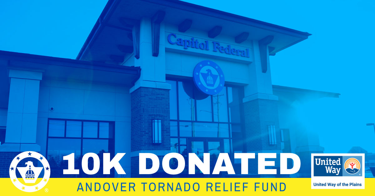 CapFed's tweet photo. Capitol Federalยฎ is proud to support our fellow Kansans in their time of need. Those affected by the #Andover tornado will be helped through a $10,000 donation from the Capitol Federal Foundationยฎ to the @unitedwayplains Tornado Relief Fund.
#kansas #community #CapFed https://t.co/DmDok9KHvZ