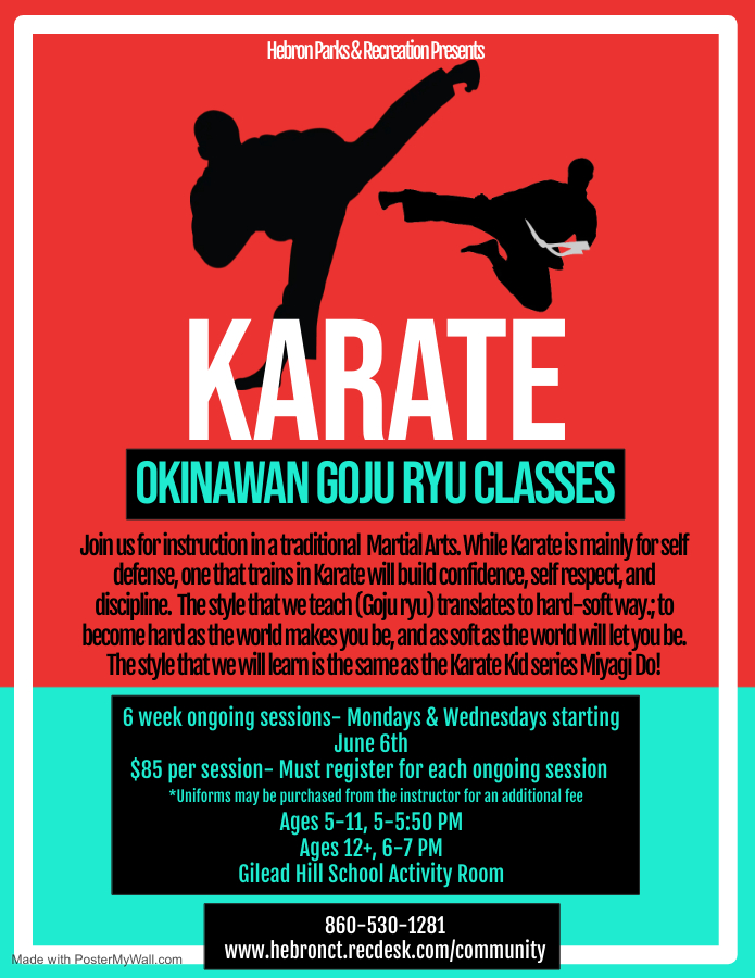 HebronCTRec's tweet image. Check out our NEW program!  Karate, Okinawan Goju ryu classes! 🥋 To register visit- hebronct.recdesk.com/community