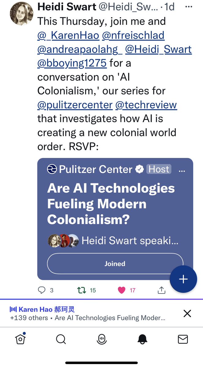 kborchgrevink's tweet image. AI Colonialism –  You can join this now! With @_KarenHao @nfreischlad @andreapaolahg_ @Heidi_Swart @bboying1275 @pulitzercenter @techreview #datacolonialism #ai