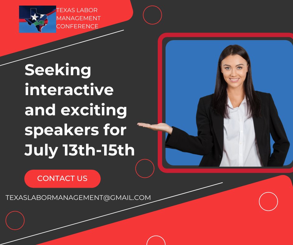 TexLMConference's tweet photo. The 2022 Texas Labor Management Conference is seeking Speakers for our upcoming Conference in San Antonio - July 13th - 15th!  If you would like to speak at our upcoming conference or have guest speaker in mind please e-mail us at: 
texaslabormanagement@gmail.com https://t.co/K4cgLXrxQy
