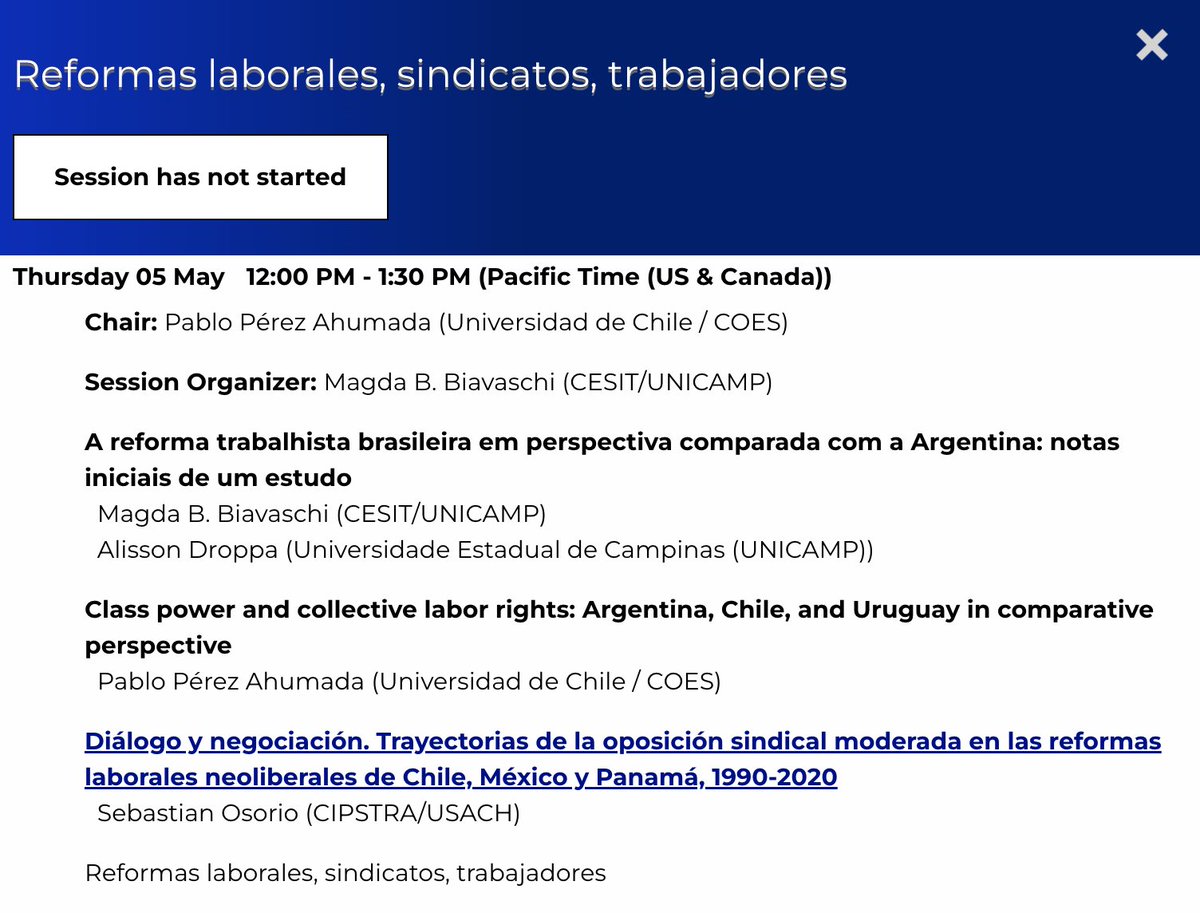 pablo_perez_a's tweet image. Hoy, 3pm hora de Chile (12pm, PT), estaré presentando en @LASACONGRESS, en un panel sobre reformas laborales y sindicatos organizado por la @LASALABOR
 A quienes estén en el congreso, les invito a darse una vuelta (virtual) por nuestro panel