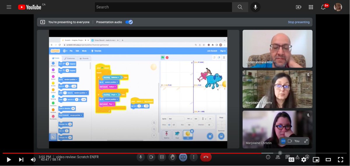 Screen capture of 3 @kidscoding instructors reviewing a recorded Scratch workshop together, to share practices and insights.