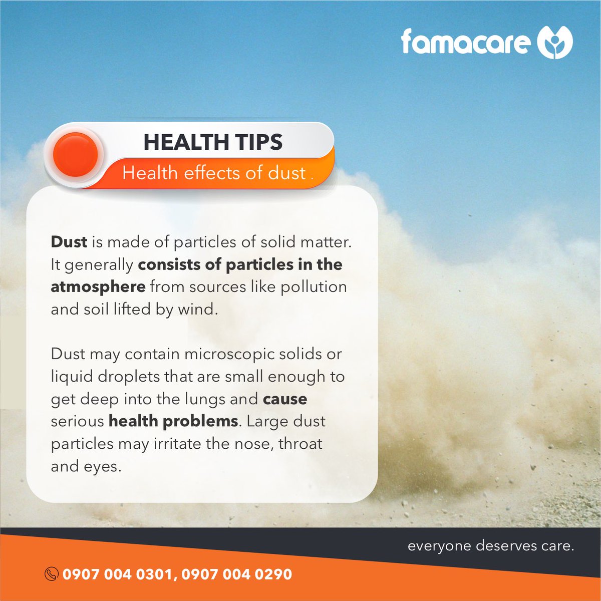 famacare's tweet photo. Dust is a common air pollutant generated by many different sources and activities.
People more likely to develop health problems from long term exposure to dust include βbabies, children and elderly people
#famacare #wellness #healthlifestyle #healthtips #dust https://t.co/7DduD8Yus7