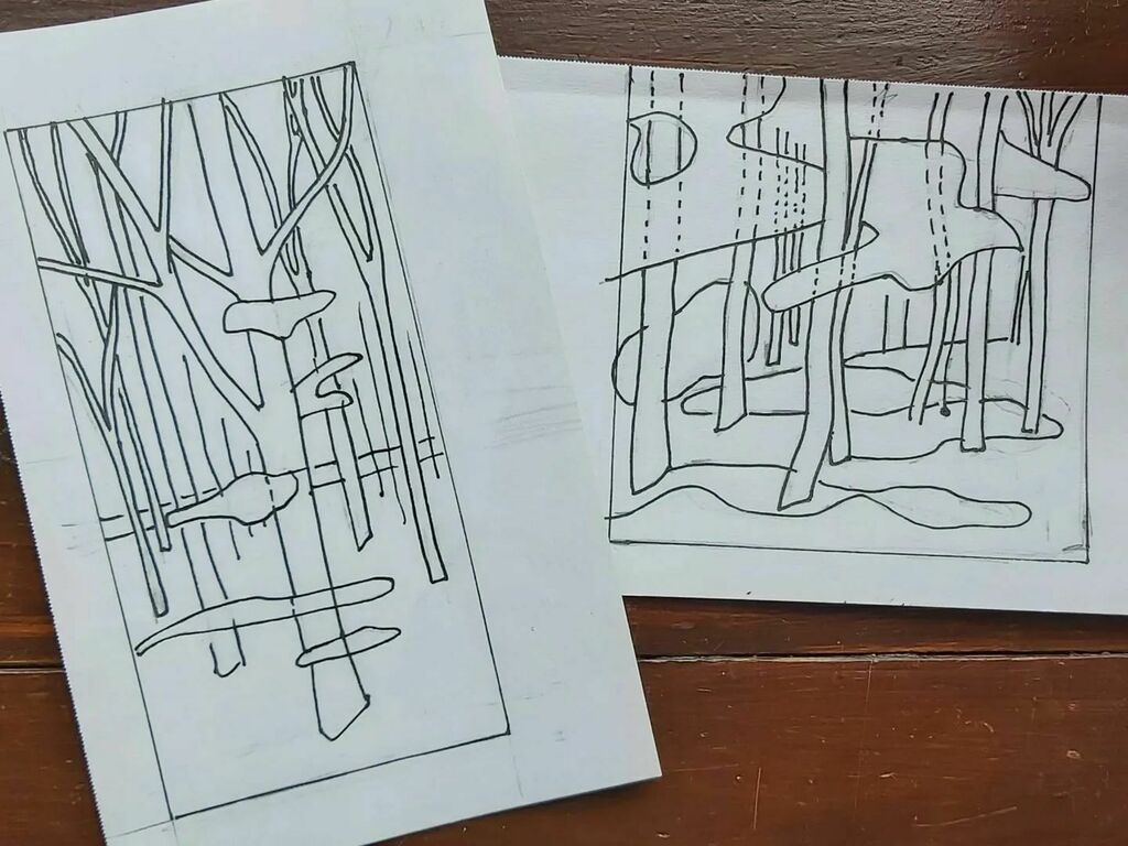 cognissart's tweet photo. I've been in a sketching mood and now have two pieces lined up one winter one summer - which should I start first? 🤔 🤍💚
#summerleaves #wintertrees #stitchedleaves #rubywood #summer #winter #sketchbook #sketch https://t.co/mKphZTy0C7 https://t.co/XerlTHxfJH