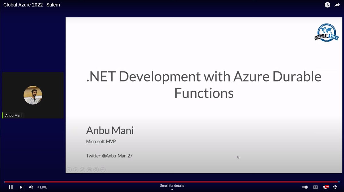 We are Live now : "𝐆𝐥𝐨𝐛𝐚𝐥 𝐀𝐳𝐮𝐫𝐞 2022-𝐈𝐧𝐝𝐢𝐚"
The next session has been started by Anbu Mani delivering his session in .NET Development with Azure Durable Functions
Live Link here: bit.ly/3w8PADc
Kindly Join with us..
#GlobalAzure #gab2022 #msdevgeeks