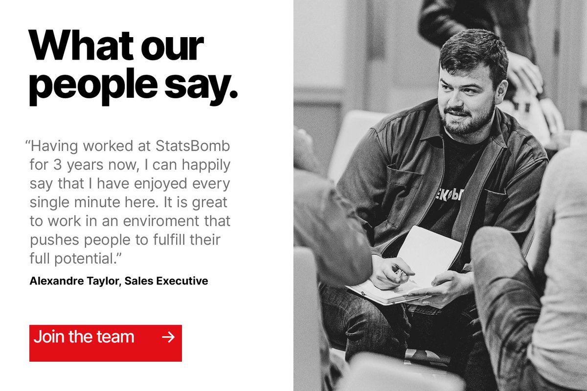 Statsbomb's tweet photo. Working At StatsBomb: What Our People Say

We value talented and motivated people, those who can be a part of the positive environment we enjoy here at StatsBomb

Check out our latest vacancies to join us at the forefront of sports data and analytics:
https://t.co/kcOivRvlP9 https://t.co/KzpfNoPsNg