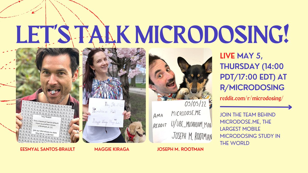 QuantCitizen's tweet photo. Got questions on #microdosing #psychedelics or #citizenscience? Join our team LIVE this afternoon May 5, Thursday, 14:00 PDT/17:00EDT at https://t.co/tpSOGHPFid for an afternoon of spirited discussion! Hope to see you there!🍄 https://t.co/HARLbfbRB7
