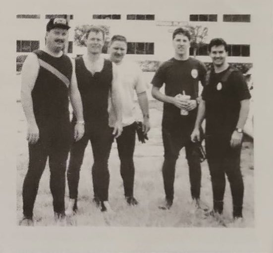 CapeFop's tweet photo. It’s #throwbackthursday and this one is from the 1990s. This was part of @CapePD ’s dive team. From left to right: Todd LaBair, Howard Post, Greg Claflin, Bennett Walker, and Michael Torregrossa. #ConnectingWhileProtecting https://t.co/2BL9YPBRLk