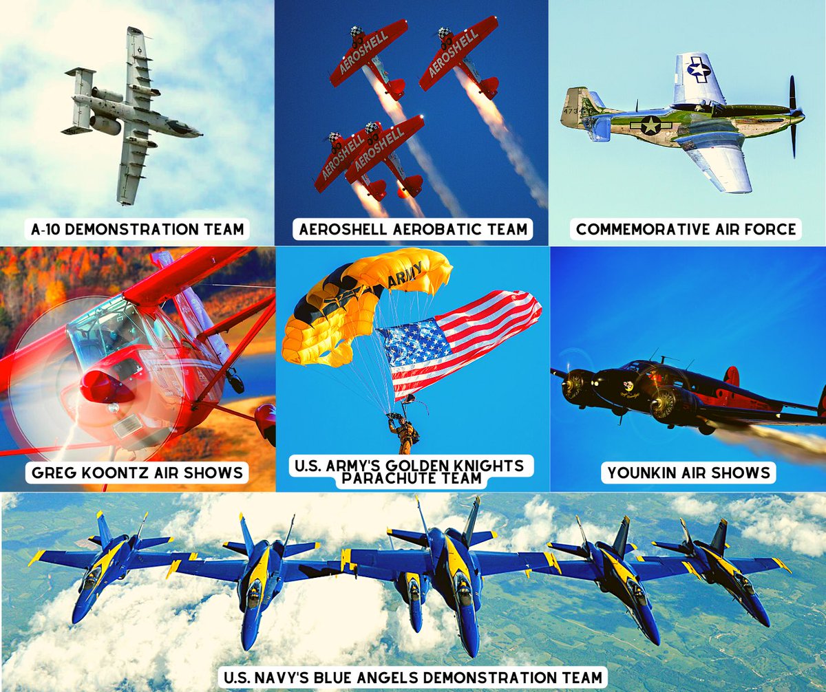 Along with the <a href="/BlueAngels/">Blue Angels</a>, here's your official performer lineup: 
💥  A-10C Thunderbolt II Demo Team 
💥  Aeroshell Aerobatic Team 
💥  Commemorative Air Force 
💥  Greg Koontz Airshows 
💥  US Army Golden Knights 
💥  Younkin Airshows

(Parking passes will go on sale SOON!)