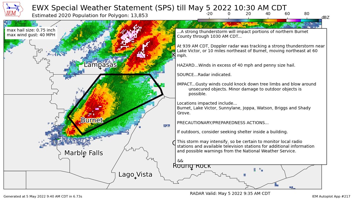 iembot_ewx's tweet image. A strong thunderstorm will impact portions of northern Burnet County through 1030 AM CDT [wind: 40 MPH, hail: 0.75 IN] mesonet.agron.iastate.edu/p.php?pid=2022…