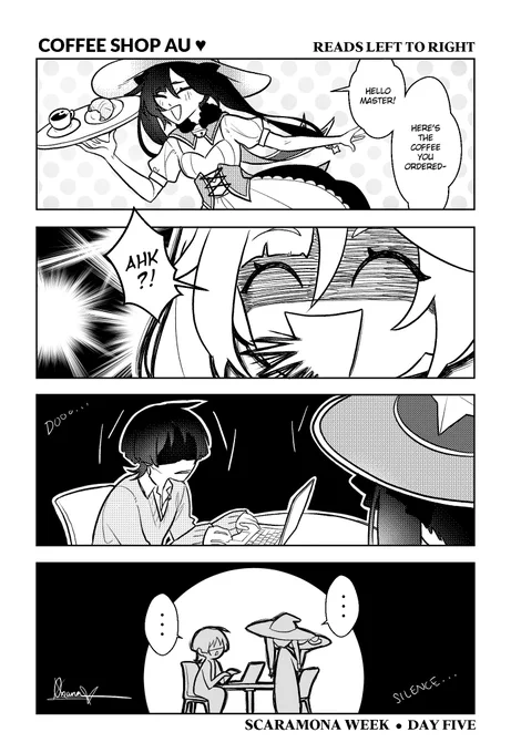 #scaramonaweek22 Day 5: Coffee Shop AU

✨️They're embarrassed✨️ lol
Sorry for only posting one page today. I was running out of time when I was creating these _(:3」∠)_

#scaramona #scaramonaweek2022 #mona #monamegistus #scaramouche #kunikuzushi #genshin #genshinimpact 