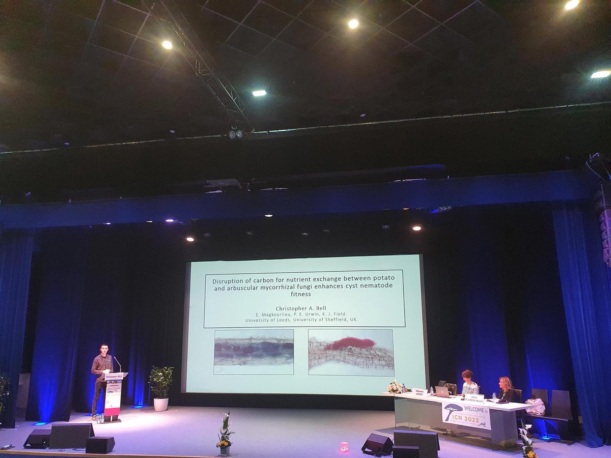 Great job by Chris Bell at #ICN2022 describing his work with potato, AMF and potato cyst nematodes. AMF colonisation enhances both plant and nematode fitness. <a href="/KatieField4/">Prof. Katie Field</a> <a href="/EmilyMagk/">Emily Magkourilou</a>