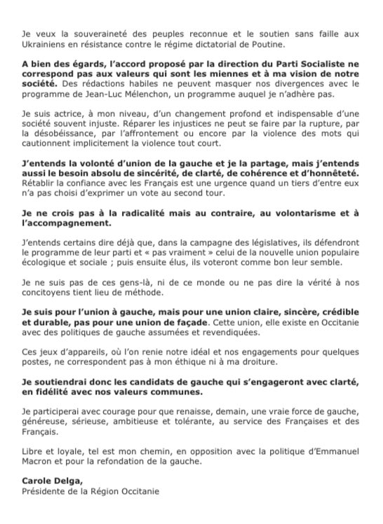 CaroleDelga's tweet image. Exercer des responsabilités politiques, c’est d’abord avoir un projet pour le peuple, pour la Nation et pour l’avenir.

Je voterai contre la stratégie et l’accord présenté ce soir au CN du @partisocialiste pour les #législatives2022 👇